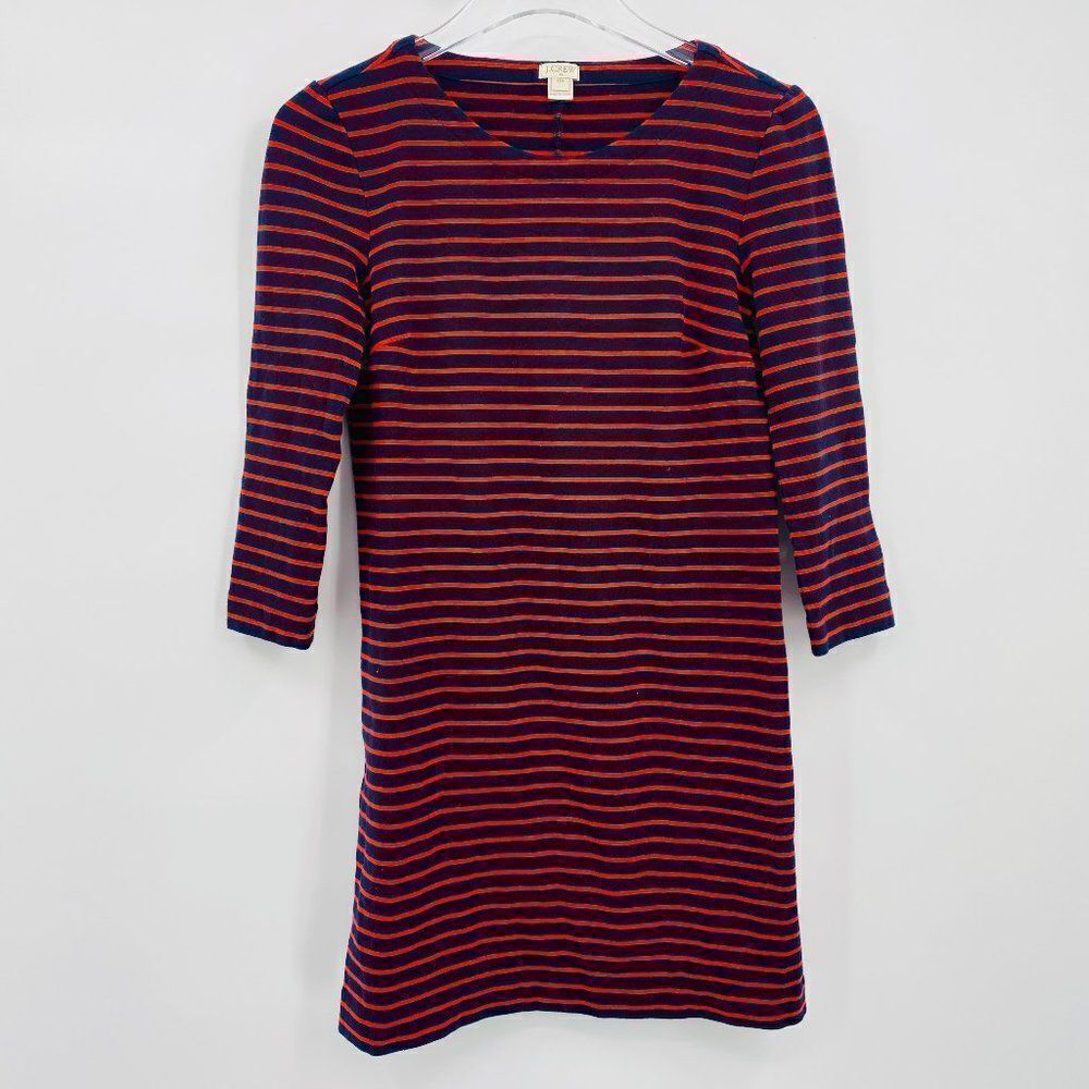 J. Crew Size XXS Navy Blue & Red Striped Long Sleeve Knit Shift Dress Mini